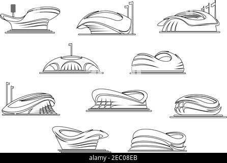 Symboles modernes du stade et de l'arène pour l'emblème de la compétition sportive ou élément de conception d'architecture avec contour des bâtiments abstraits Illustration de Vecteur