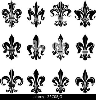 Éléments de conception héraldique royale française pour armoiries, emblème ou motif médiéval avec symboles fleur de lis noirs ornés de décorations florales Illustration de Vecteur