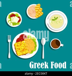 Cuisine grecque méditerranéenne avec délicieux fromage frit saganaki, pommes de terre et tomates fraîches, soupe de tripe, feta servi sur un lit de laitue et de tomates, s Illustration de Vecteur