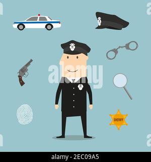 Icônes et symboles de la profession de police avec officier en uniforme noir et chapeau à visière avec menottes et arme à feu, voiture de police et badge shérif étoile, fingerprin Illustration de Vecteur