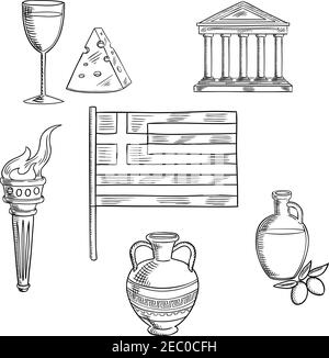 Grèce symboles et objets traditionnels avec drapeau national, temple Parthénon et amfora antique, torche avec flamme et huile d'olive, vin et fromage Illustration de Vecteur