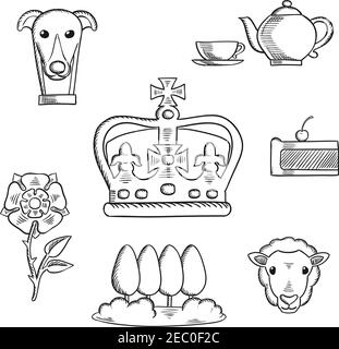 Les objets et symboles traditionnels de l'Angleterre esquissent des icônes avec la rose et le parc héraldique tudor, le chien royal et le thé, la tarte, le mouton et la couronne de l'empereur Illustration de Vecteur