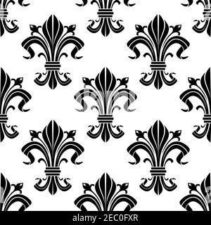 Motif floral français médiéval sans couture avec éléments noirs fleur de lis arrière-plan blanc Illustration de Vecteur