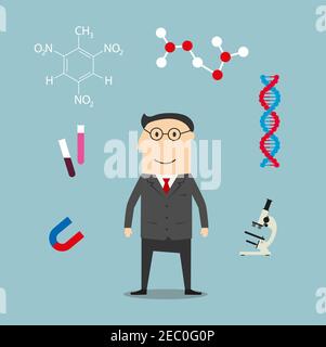 La profession scientifique conçoit avec l'homme dans des verres parmi les flacons et les tubes de laboratoire, le microscope et le modèle d'ADN, l'aimant et la formule chimique Illustration de Vecteur