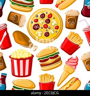 Repas rapide coloré motif sans couture avec des pizzas poivrières de fond blanc, des hamburgers, des frites, du poulet frit, de la paille Illustration de Vecteur