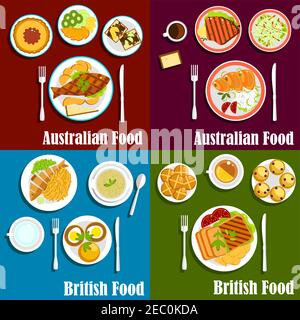 Plats britanniques et australiens servis avec steaks d'agneau et de bœuf grillés, saumon salé, tarte à la viande, sandwiches aux œufs, légumes et fruits, soupe aux pois verts Illustration de Vecteur