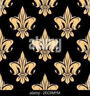 Motif fleuri victorien français sans couture avec composition florale jaune héraldique, orné de lignes tourbillonnantes et de boucles sur fond noir. Luxe Illustration de Vecteur