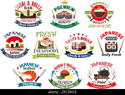 Le restaurant de fruits de mer japonais, le bar à sushis et les icônes de la cuisine orientale sont le riz et les petits pains à sushis, le nigiri, les crevettes et le thé en céramique, encadrés de baguettes Illustration de Vecteur