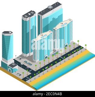 Composition isométrique avec gratte-ciels modernes et de nombreuses maisons en orée sur la côte de mer sur fond blanc illustration vectorielle Illustration de Vecteur