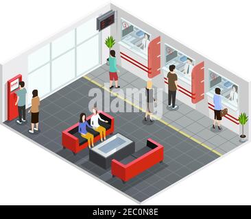 Hommes et femmes dans le bureau de banque avec comptoirs et illustration du vecteur isométrique atm Illustration de Vecteur