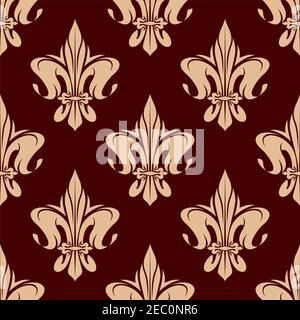 Motif fleur de lis royal français sans couture dans les couleurs marron et beige avec ornement de fleurs de nénuphars héraldiques. Arrière-plan heraldry, intérieur ou mur Illustration de Vecteur