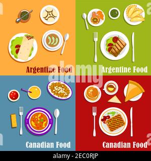 Plats du Canada et de l'Argentine avec empanadas, poutine, steak de bœuf grillé et bacon de péamée, ragoût de légumes, crêpes au sirop d'érable, candi caramel Illustration de Vecteur