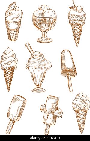 Des croquis de crème glacée avec des cônes, de la glace au chocolat sur des bâtonnets et des desserts sundae dans des bols, décorés de fruits à cerise, de noix et de tubes de cachets. Design rétro Illustration de Vecteur