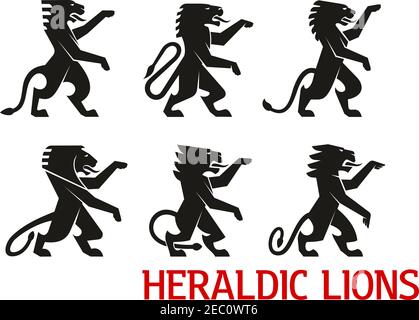 Symboles héraldiques médiévaux avec silhouettes noires de lions debout avec pattes de devant surélevées. Thème heraldry, blason ou décoration vintage de Illustration de Vecteur