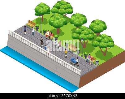 Aménagement paysager isométrique avec des personnes marchant sur un embarquement en pierre illustration vectorielle d'été Illustration de Vecteur