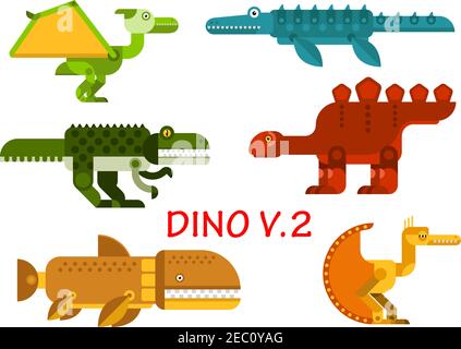 Les dinosaures sont des icônes avec des animaux préhistoriques et des reptiles aquatiques. tyrannosaurus coloré, Raptor, brontosaurus, stegosaurus, pterodactyl et velociraptor m Illustration de Vecteur