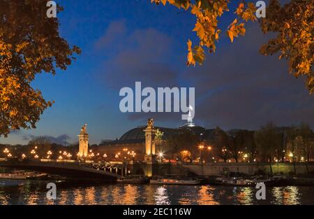 Pont Alexandre III et le Grand Palais de l'autre côté de la Seine la nuit, Paris Banque D'Images