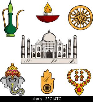 Voyage indien, religion et culture icônes avec Taj Mahal, entouré par dieu Ganesha et bijoux d'or, lampe diwali et cuivre teapot, amulet chanceux d'ha Illustration de Vecteur