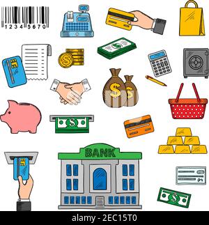 Symboles entreprise et vente au détail avec cartes de crédit, billets et pièces de monnaie, sacs d'argent et banque, panier et sac en papier, calculatrice et banque de porc, barres d'or Illustration de Vecteur