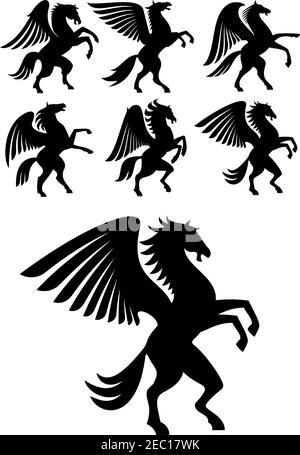 Mythiques magnifiques chevaux noirs pegasus ailés avec des ailes ouvertes. Heraldry, blason, symboles de sports équestres ou utilisation de la conception de tatouage Illustration de Vecteur