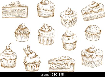 Croquis de délicieux cupcakes et muffins dans des tasses en papier fin, tarte aux baies et gâteau au chocolat, décoré de crème au beurre, crème fouettée, frais Illustration de Vecteur