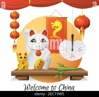 Bienvenue dans les souvenirs traditionnels chinois et les symboles avec chat chanceux lanternes et bambou sur fond blanc illustration vectorielle plate Illustration de Vecteur