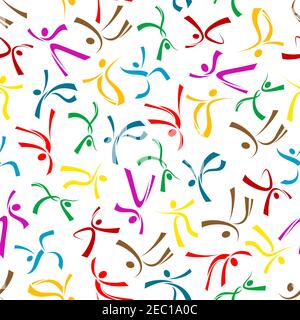 Danseurs colorés motif sans couture avec silhouettes abstraites de personnes dansantes dans différentes poses de danse sur fond blanc. Compétition de sport dansant Illustration de Vecteur