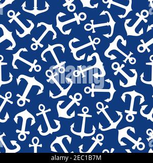 Motif d'ancres marines sans couture pour toile de fond marine, thème de club de mer ou de voyage en yacht avec silhouettes blanches d'ancres sur fond bleu Illustration de Vecteur