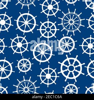 Bateau de plaisance helms motif sans couture avec silhouettes blanches de volants de bateau avec rayons décoratifs et poignées sur fond bleu. Marine TH Illustration de Vecteur