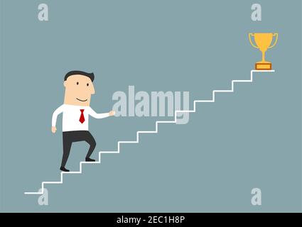 Un homme d'affaires souriant et réussi à monter les escaliers jusqu'au trophée d'or comme symbole de réussite. Utilisez-le comme un escalier menant à la réussite, à la réalisation d'objectifs ou au classement Illustration de Vecteur