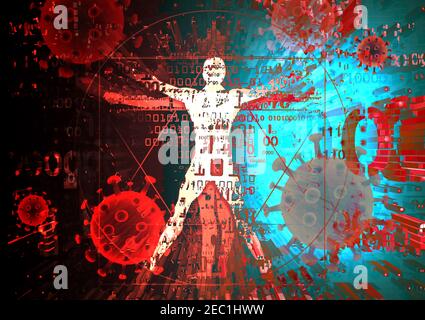 Homme vitruvien d'âge moderne, victime d'une pandémie de coronavirus, tragédie humaine. Expressif coloré Illustration de l'homme de vitruvian avec un code binaire. Banque D'Images
