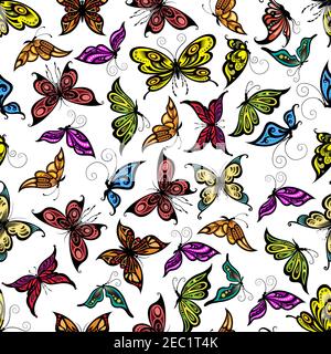 Motif papillons volants coloré sans couture avec ailes ouvertes et étroites, orné d'un ornement ajouré sur fond blanc. Idéal pour le papier peint, l'interio Illustration de Vecteur