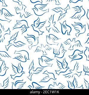 Élégant motif oiseaux volants sans couture avec silhouettes bleu représentant des colombes vertiginées sur fond blanc. Utiliser comme colombe de la paix, de la religion, de l'amour et Illustration de Vecteur