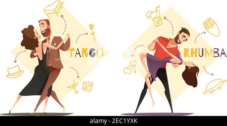 Dancing tango et rhumba couple 2 modèles de dessin animé rétro avec web style accessoires icônes illustration vectorielle isolée Illustration de Vecteur