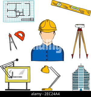 Icône d'architecte ou d'ingénieur en casque de chantier pour l'industrie de la construction avec des esquisses colorées de plan de projet de bâtiment, bui à plusieurs étages Illustration de Vecteur