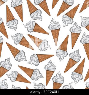 Délicieux fond de dessin animé de glace à la vanille avec motif de cônes de glace sans couture et gaufres de sucre croustillantes dorées. Intérieur du café, menu dessert, Illustration de Vecteur