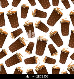 Fond de café rapide sans couture avec motif de dessin animé de tasses en papier brun foncé à emporter, décorées de grains de café. Peut être utilisé comme boisson de restauration rapide Illustration de Vecteur