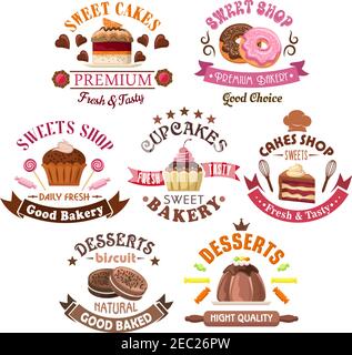 Délicieux chocolat et desserts fruités, encadrés par des bannières de ruban et des bonbons pour la pâtisserie, la boulangerie et le design du magasin sucré avec des petits gâteaux frais et savoureux, ca Illustration de Vecteur