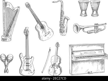 Guitares acoustiques et électriques classiques, saxophone, violon, trompette, piano droit, batterie de conga et croquis de harpe. Instruments de musique à gravure ancienne Illustration de Vecteur