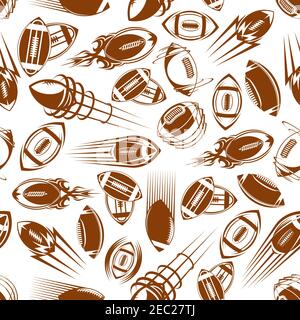 Balles de rugby volantes et tournantes, motif brun sans couture sur fond blanc, pistes de mouvement dans un style tribal décoratif et de style rétro. Sport, comp Illustration de Vecteur