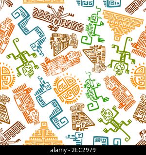 Modèle mexicain antique ethnique sans couture avec totems ornementaux maya et aztèques de soleil, pyramide, aigle, corbeau, singe, serpent, lézard et idole sur le blanc Illustration de Vecteur