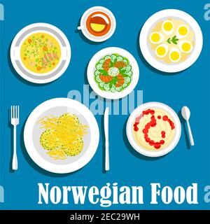 Plats sains de l'icône norvégienne du petit déjeuner avec des symboles plats de porridge de riz avec confiture de fruits, salade de concombre avec saumon fumé, soupe de poisson, pomme de terre A. Illustration de Vecteur