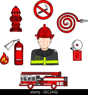 Dessin coloré d'un pompier en uniforme de protection et d'un casque rouge avec camion d'incendie, tuyau d'eau, borne d'eau, panneau d'interdiction de fumer, flamme et alarme incendie. Parfait pour Illustration de Vecteur