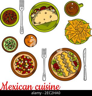 Tacos mexicains traditionnels, fourrés de légumes frais et de bacon, nachos croquants, enchiladas, servis avec des haricots, des tomates et du fromage fondu, hachés Illustration de Vecteur