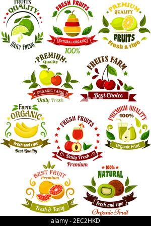 Icônes rétro de fruits de ferme biologiques pour l'agriculture, l'éco-agriculture, l'atelier biologique ou le modèle de conception de marché local avec pommes fraîches, citrons, kiwi, Illustration de Vecteur