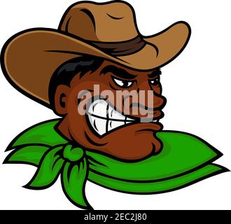 Personnage de cowboy ou de rancher de rodéo occidental brutal avec un homme à la peau sombre en colère, portant un chapeau marron et un mouchoir de cou vert. Idéal pour l'agriculture ou ro Illustration de Vecteur