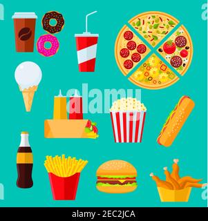 Menu de plats à emporter avec symboles plats : cheeseburger et hot dog sandwiches, pizza, café et soda, tortilla avec légumes et Illustration de Vecteur