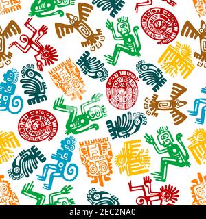 Totems anciens d'animaux et d'oiseaux de fond maya ou aztèque avec motif coloré sans couture de singes et serpents, gorilles et aigles, hiboux et corbeaux. Illustration de Vecteur