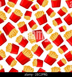 Boîtes en papier à emporter sans couture avec motif frites pour un repas rapide motif alimentaire avec des paquets rouges de pommes de terre croustillantes sur fond blanc Illustration de Vecteur