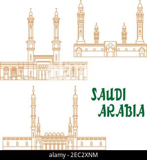 Sites du patrimoine islamique de l'Arabie Saoudite icône linéaire pour l'architecture religieuse et l'utilisation de la conception touristique avec Masjid al-Haram, Masjid an-Nabawi et Quba Illustration de Vecteur